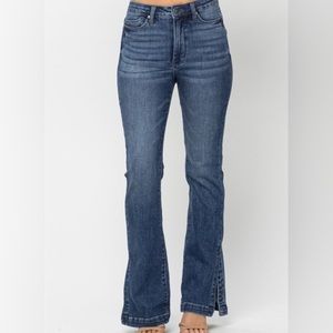 Judy Blue high waist, tummy control, medium wash jeans with slit hem, slim boot